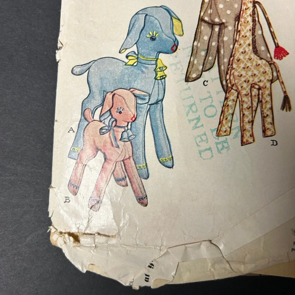 Vintage 1945 McCall Sewing Pattern 1215 Stuffed Baby Animals Lamb Giraffe